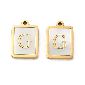 304 Stainless Steel Pendants, with Shell, Rectangle Charms with Letter, Real 14K Gold Plated, Letter G, 18x12x2mm, Hole: 1.4mm