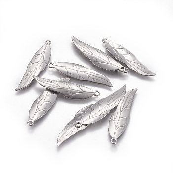 Tarnish Resistant 201 Stainless Steel Pendants, Leaf, Stainless Steel Color, 38x9.5x0.7mm, Hole: 1.8mm