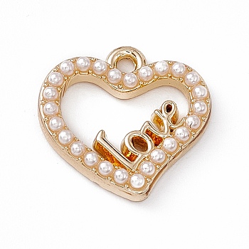 ABS Plastic Imitation Pearl Pendants, with Light Gold Alloy Finding, Heart with Word Love, White, 14.5x14.5x2.5mm, Hole: 1.6mm