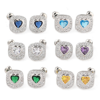 Rack Plating Brass Micro Pave Cubic Zirconia Stud Earrings, Long-lasting Plated, Square with Heart, Mixed Color, 13x13mm