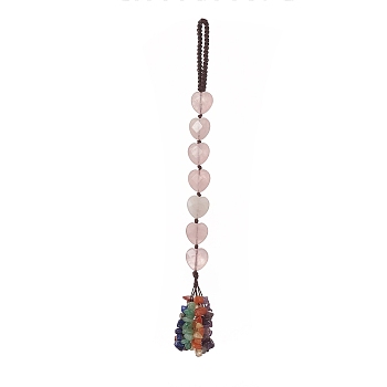 Heart Natural Rose Quartz & Mixed Stone Chips Tassel Pendant Decorations, Nylon Thread Hanging Ornament, 215~220mm