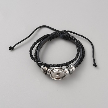 PU Leather Braided Triple Layer Multi-layer Bracelet Findings, Platinum Alloy Interchangeable Snap Link Bracelet Settings Accessory for Women, Black, Inner Diameter: 2-1/4 inch(5.6cm)~3-3/8 inch(8.5cm)