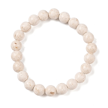 Natural Fossil Round Beaded Stretch Bracelets, Seashell Color, Inner Diameter: 1-7/8 inch(4.9cm), 8mm