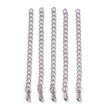 Stainless Steel Chain Extender, with Curb Chains and Drop Charms, Stainless Steel Color, 59x3mm, Hole: 2mm