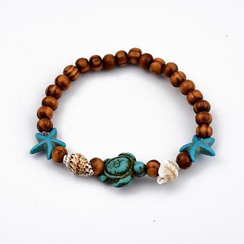 Round Wood Stretch Bracelets, with Dyed Synthetic Turquoise(Dyed) and Spiral Shell Beads, Tortoise and Starfish/Sea Stars, 2-1/8 inch(5.3cm)