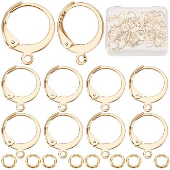60Pcs 304 Stainless Steel Leverback Earring Findings, with Horizontal Loops, with 30Pcs Jump Rings, Real 24K Gold Plated, 14.5x12.5x2mm, Hole: 1.2mm