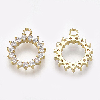 Cubic Zirconia Charms, with Brass Findings, Sun, Clear, Real 18K Gold Plated, 13x11x2mm, Hole: 1.5mm