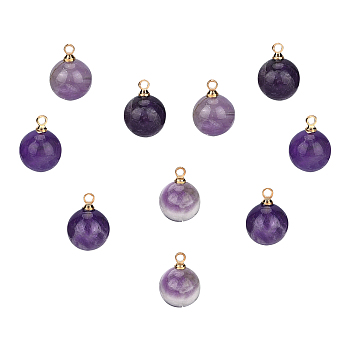 SUNNYCLUE Natural Amethyst Charms, with Golden Brass Loops, Round, 14x10.5mm, Hole: 1.5mm, 10pcs/box