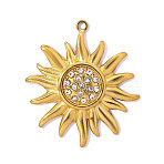 304 Stainless Steel & Rhinestone Pendants, Sun Charm, Ion Plating(IP) Hand Polished, Clear, Real 18K Gold Plated, 29x26mm, Hole: 1.6mm(STAS-OY017-22G)