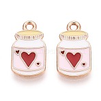 Alloy and Enamel Pendants, Bottle with Heart Pattern, Light Gold, Misty Rose, 17x9x1mm, Hole: 1.6mm(ENAM-T021-19B-01)