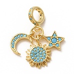 Brass Micro Pave Cubic Zirconia Dangle Charms, Large Hole Pendants, Sun & Star & Moon, Golden, Pale Turquoise, 26mm, Hole: 5mm(CU-CBA0A9C-05G)