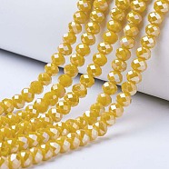 Electroplate Glass Beads Strands, Opaque Solid Color, AB Color Plated, Faceted, Rondelle, Yellow, 3.5x3mm, Hole: 0.4mm, about 113~115pcs/strand, 32~33cm(EGLA-A034-P3mm-B03)