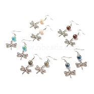 Round Natural Mashan Jade with Alloy Dragonfly Dangle Earrings, Brass Earrings for Women, Mixed Color, 50mm, Pin: 0.6mm(EJEW-JE04855)
