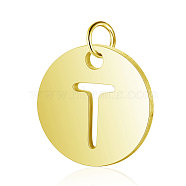 304 Stainless Steel Charms, Flat Round with Letter, Golden, Letter.T, 12x1mm, Hole: 2.5mm(STAS-S105-T514G-T)