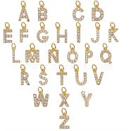 Brass Micro Pave Grade AAA Cubic Zirconia Charms, Alphabet, Letter A~Z, Real 18K Gold Plated, 26pcs/box(ZIRC-NB0001-43G-NR)