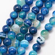Natural Striped Agate/Banded Agate Bead Strands, Round, Grade A, Dyed & Heated, Deep Sky Blue, 8mm, Hole: 1mm, about 47pcs/strand, 15 inch(G-K166-13-8mm-06)