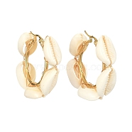 Natural Shell Beaded Hoop Earrings, 304 Stainless Steel Wire Wrap Earrings, Real 18K Gold Plated, 38x42x12mm(EJEW-TA00278)