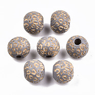Painted Natural Wood Beads, Laser Engraved Pattern, Round with Leopard Print, Light Grey, 10x8.5mm, Hole: 2.5mm(X-WOOD-T021-53A-05)