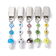 Iron ID Card Clips with Handmade Lampwork Mushroom & Evil Eye, Badge Holder Clip, Mixed Color, 83mm(JEWB-BR00126)