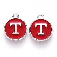 Platinum Plated Alloy Enamel Charms, Cadmium Free & Lead Free, Enamelled Sequins, Flat Round with Letter, Red, Letter.T, 14x12x2mm, Hole: 1.5mm(ENAM-S118-03T-P)