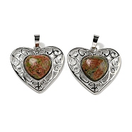 Natural Unakite Peach Love Heart Pendants, Rack Plating Brass Hollow Heart Charms, Cadmium Free & Lead Free, 29.5x30.5x7.5mm, Hole: 7.5x5mm(G-G158-01H)