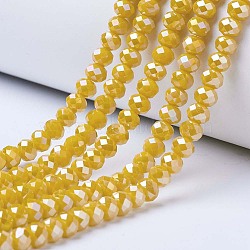 Electroplate Glass Beads Strands, Opaque Solid Color, AB Color Plated, Faceted, Rondelle, Yellow, 3.5x3mm, Hole: 0.4mm, about 123~127pcs/strand, 13.7~14.1 inch(35~36cm)(EGLA-A034-P3mm-B03)