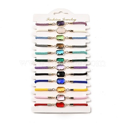 12Pcs 12 Colors Polyester Bracelets, Brass Glass Links Jewelry for Women, Mixed Color, Rectangle, 7-5/8 inch(19.5cm), End Extender: 58mm(BJEW-P340-13A-G)