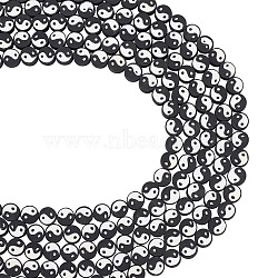 Handmade Polymer Clay Beads Strand, DIY Accessories for Bracklet & Necklace Making, Flat Round with Taiji Pattern, Black, Hole: 1mm, about 40pcs/strand, 15.75''(40cm)(CLAY-CD0001-03A)