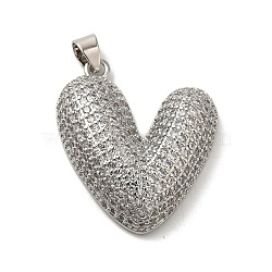 Rack Plating Brass Micro Pave Clear Cubic Zirconia Pendants, Long-Lasting Plated, Cadmium Free & Lead Free, Heart, Platinum, 30x28x7mm, Hole: 5x4mm(KK-K345-11P)