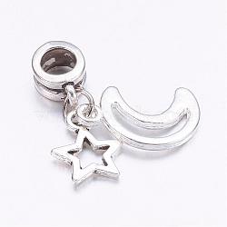 Tibetan Style Alloy European Dangle Charms, Star & Moon, Antique Silver, 29mm, Hole: 4.5mm(PALLOY-JF00331)
