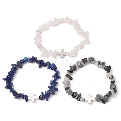 3Pcs 3 Style Natural Mixed Gemstone Chips Beaded Stretch Bracelets Set, Alloy Cross Stackable Bracelets, Inner Diameter: 2-3/8 inch(6cm), 1Pc/set(BJEW-TA00392)