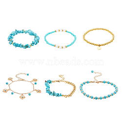 6Pcs 6 Style Alloy Flower Charm Bracelets Set, Synthetic Turquoise Chips Beaded Stretch Stackable Bracelets, Golden, 6-3/4~9-1/4 inch(17.1~23.6cm), 1Pc/style(BJEW-FI0001-79)