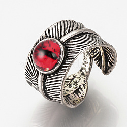 Adjustable Alloy Cuff Finger Rings, with Glass Findings, Wide Band Rings, Feather with Dragon Eye, Red, Size 9, 19mm(RJEW-Q159-16C)