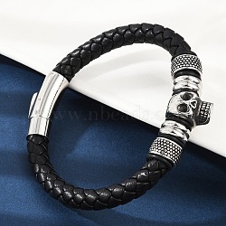 Braided Microfiber Leather Cord Bracelets, 304 Stainless Steel Skull Bracelets for Women Men, with Rectangel Magnetic Clasps, Antique Silver & Stainless Steel Color, 8-7/8x1/4 inch(22.4x0.8~1.85cm)(BJEW-D304-08AS)