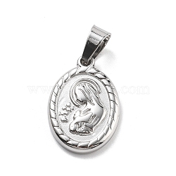 201 Stainless Steel Pendants,  Oval with Virgin Mary, Miraculous Medal, Stainless Steel Color, 21x14.5x2.5mm, Hole: 5.5x8.5mm(STAS-O111-05P)