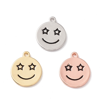 Rack Plating Eco-friendly Brass Pendants, Cadmium Free & Lead Free, Flat Round with Smiling Face, Mixed Color, 16.5x14x1.5mm, Hole: 1.5mm