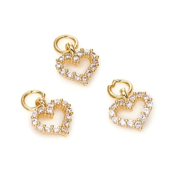 Electroplated Brass Micro Pave Cubic Zirconia Charms, with Jump Ring, Long-Lasting Plated, Heart, Clear, Golden, 8x7x1.5mm, Hole: 2.5mm