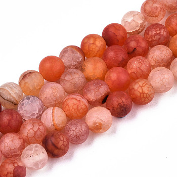 Natural Crackle Agate Beads Strands, Frosted, Dyed & Heated, Round, Tomato, 6mm, Hole: 0.8mm, about 63pcs/strand, 14.96 inch(38cm)
