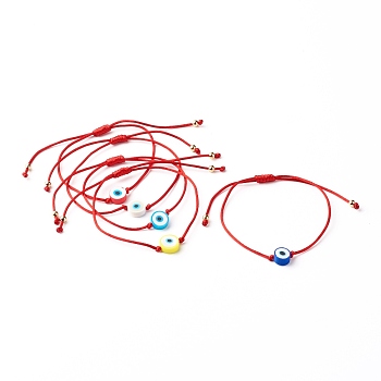 Adjustable Nylon Thread Cord Bracelets, with Handmade Polymer Clay Evil Eye Bead, Red, Inner Diameter: 1/2~3-7/8 inch(1.4~9.7cm)