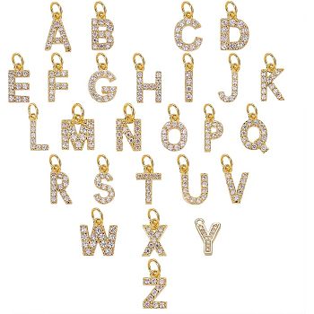 Brass Micro Pave Grade AAA Cubic Zirconia Charms, Alphabet, Letter A~Z, Real 18K Gold Plated, 26pcs/box