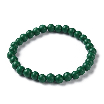 Natural Mashan Jade Beaded Stretch Bracelet, Dyed, Round, Dark Green, 2 inch(5cm), Beads: 6mm