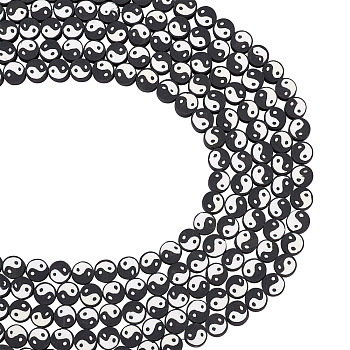 Handmade Polymer Clay Beads Strand, DIY Accessories for Bracklet & Necklace Making, Flat Round with Taiji Pattern, Black, Hole: 1mm, about 40pcs/strand, 15.75''(40cm)