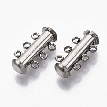304 Stainless Steel Slide Lock Clasps, Peyote Clasps, 3 Strands, 6 Holes, Tube, Stainless Steel Color, 20x10x6.5mm, Hole: 1.6mm