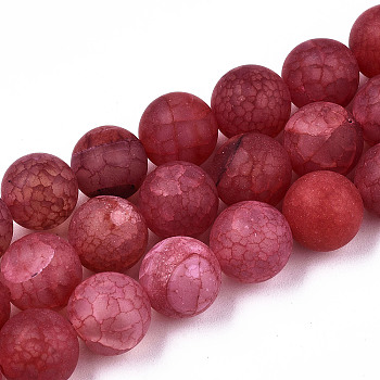 Natural Crackle Agate Beads Strands, Frosted, Dyed & Heated, Round, Cerise, 10mm, Hole: 1mm, about 38pcs/strand, 15.16 inch(38.5cm)