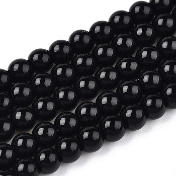 Opaque Solid Color Glass Beads Strands, Round, Black, 9.5~10mm, Hole: 1.5mm, about 40~42pcs/strand, 14.76~15.12 inch(37.5~38.4cm)