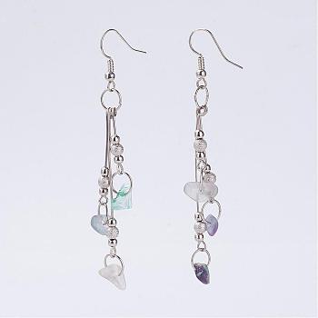Natural Fluorite Beads Dangle Earrings, with Iron Findings and Brass Earring Hooks, Platinum, 78mm, Pin: 0.8mm