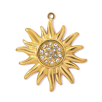 304 Stainless Steel & Rhinestone Pendants, Sun Charm, Ion Plating(IP) Hand Polished, Clear, Real 18K Gold Plated, 29x26mm, Hole: 1.6mm