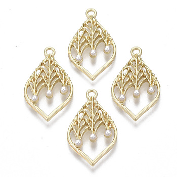 Alloy Pendants, with ABS Plastic Imitation Pearl, Leaf, White, Light Gold, 26x15x3.5mm, Hole: 1.8mm