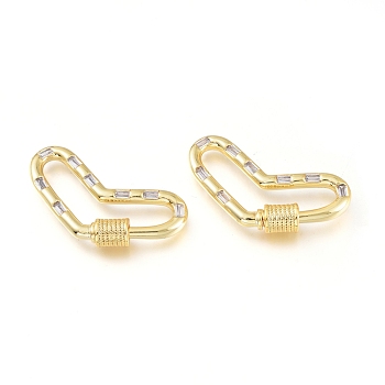 Brass Micro Pave Cubic Zirconia Screw Carabiner Lock Charms, for Necklaces Making, Heart, Golden, Clear, 24.5x30.5x4.5mm