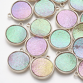 Alloy Pendants, with Imitation Leather, Wavy, Flat Round, Golden, Colorful, 21x18x2mm, Hole: 1.6mm